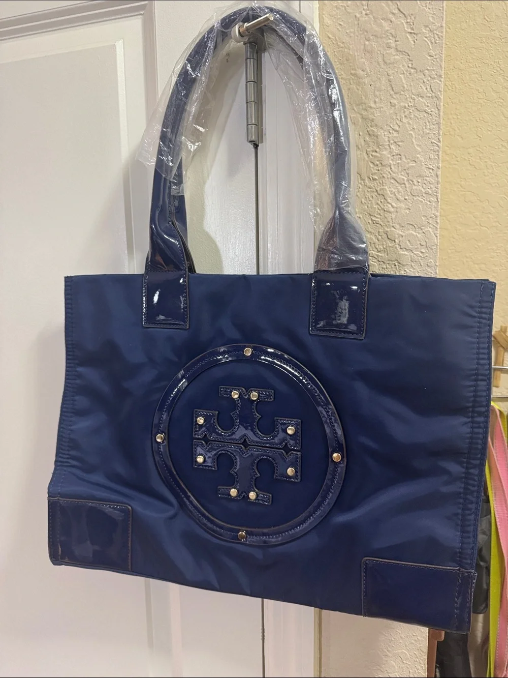 TB Navy Patent-Trim Logo Tote